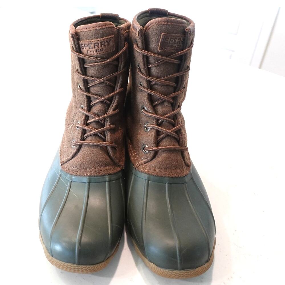 Sperry Brewster Waterproof Memory Foam Lace up ankle Rain Boot Olive/Brown